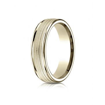 14k Yellow Gold 6mm Comfort-Fit  multi milgrain center high polish round edge Design band