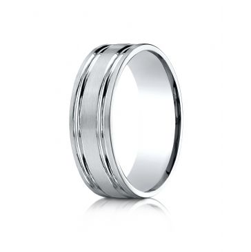 10k White Gold 7mm Comfort-Fit Satin-Finished with Parallel Grooves Carved Design Band