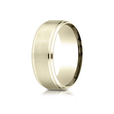 18k Yellow Gold 8mm Comfort-Fit Satin-Finished Drop Beveled Edge Carved Design Band