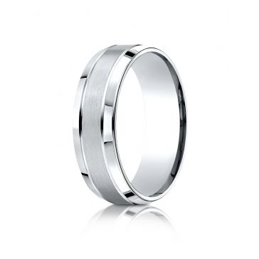18k White Gold 7mm Comfort-Fit Satin-Finished High Polished Beveled Edge Carved Design Band
