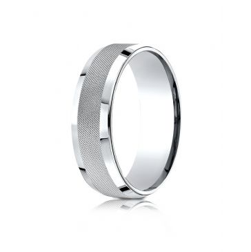 18 Karat White Gold 7mm Comfort-Fit High Polish Round EdgeCross Hatch Center Design Band