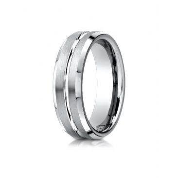 18k White Gold 6mm Comfort-Fit Satin-Finished with High Polished Cut Carved Design Band