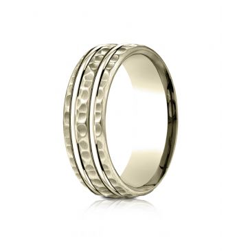18 Karat Yellow Gold 7.5mm Comfort-Fit Hammered Finish Double High Polish Cut Design Band