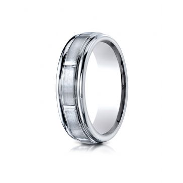 14k White Gold 6mm Comfort-Fit Satin-Finished 8 High Polished Center Cuts and Round Edge Carved Design Band