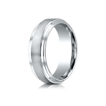 18k White Gold 8mm Comfort-Fit Satin-Finished Step Edge Carved Design Band