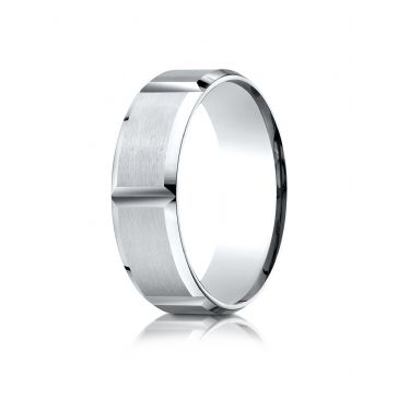 18k White Gold 7mm Comfort-Fit Satin-Finished Grooves Carved Design Band