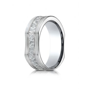 14k White Gold 7mm Ergonomic Comfort-Fit Hammered Finish with High Polish Edge Design Band