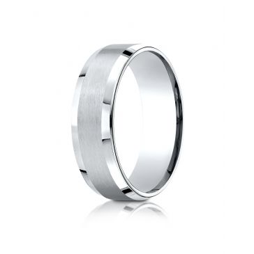 10k White Gold 7mm Comfort-Fit Satin-Finished with High Polished Beveled Edge Carved Design Band