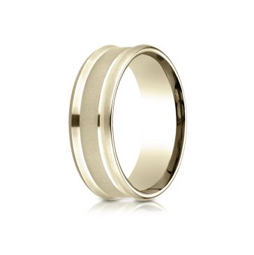 18k Yellow Gold 7.5mm Comfort Fit Satin Finish Center Reverse Beveled Edge Design Band