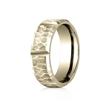 10 Karat Yellow Gold 7mm Comfort-Fit Hammered Finish Grooved Carved Design Band