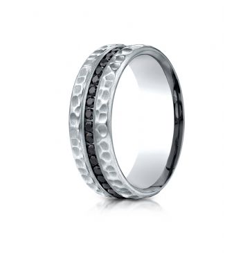 18k White Gold 7.5 mm Hammered Finish Pave Set  Black Diamond Ring (.40)