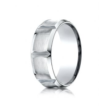 18k White Gold 8mm Comfort-Fit Satin-Finished Beveled Edge Concave with Horizontal Cuts Carved Design Band