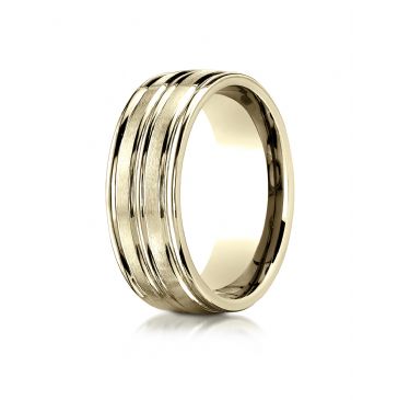 18k Yellow Gold 8mm Comfort-Fit Satin-Finished High Polished Center Trim and Round Edge Carved Design Band