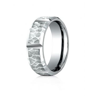 Platinum 7mm Comfort-Fit Hammered Finish Grooved Carved Design Band