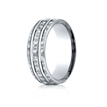 18 Karat White Gold 7.5mm Comfort-Fit Hammered Finish Double High Polish Cut Design Band