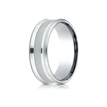 18k White Gold 7.5mm Comfort Fit Satin Finish Center Reverse Beveled Edge Design Band