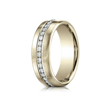 18k Yellow Gold 7.5 mm Satin Finish Pave Set  Diamond Ring