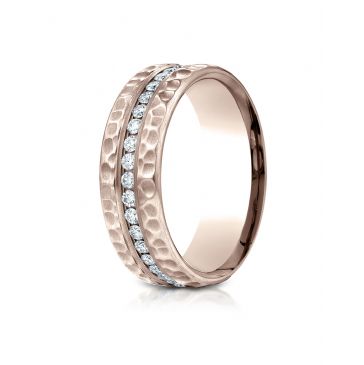 14k Rose Gold 7.5 mm Hammered Finish Pave Set  Diamond Ring