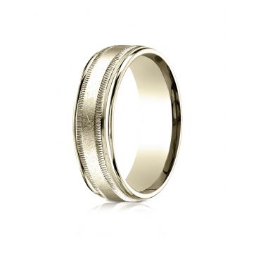 18k Yellow Gold 7mm Comfort-Fit Swirl Finish Center Milgrain Round Edge Carved Design Band