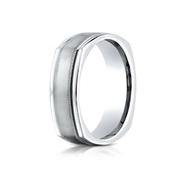 14k White Gold 7mm Comfort-Fit Satin-Finished with Milgrain Four-Sided Carved Design Band