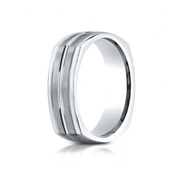 14k White Gold 7mm Comfort-Fit Satin-Finished Center Cut Four-Sided Carved Design Band