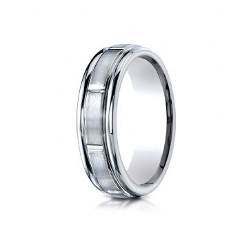 10k White Gold 6mm Comfort-Fit Satin-Finished 8 High Polished Center Cuts and Round Edge Carved Design Band