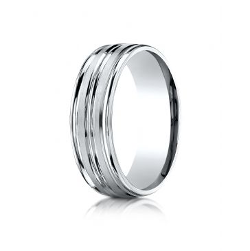 10k White Gold 7mm Comfort-Fit Satin-Finished High Polished Center Trim and Round Edge Carved Design Band