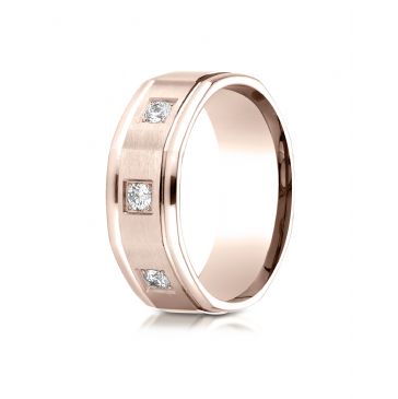 14k Rose Gold 8mm Comfort-Fit Pave Set 3-Stone Diamond Ring (.24ct)