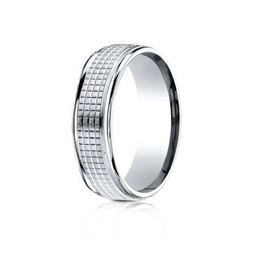 10 Karat White Gold 7mm Comfort-Fit High Polish Round Edge Cross Hatch Center Design Band