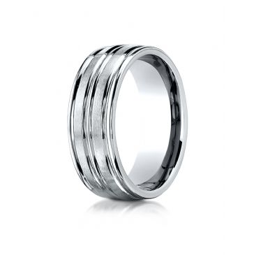 10k White Gold 8mm Comfort-Fit Satin-Finished High Polished Center Trim and Round Edge Carved Design Band