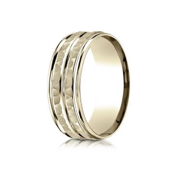 18k Yellow Gold 8mm Comfort-Fit Hammer-Finished High Polished Center Trim and Round Edge Carved Design Band