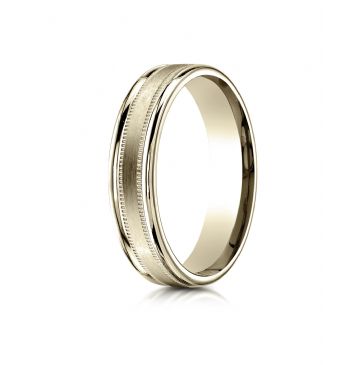 14k Yellow Gold 4mm Comfort-Fit  Satin Finish Center with a round edge and milgrain Carved Design Band