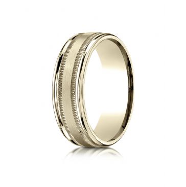 18k Yellow Gold 7mm Comfort-Fit Satin Finish Center with Milgrain Round Edge Carved Design Band
