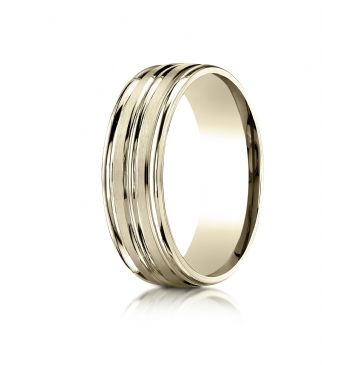 10k Yellow Gold 7mm Comfort-Fit Satin-Finished High Polished Center Trim and Round Edge Carved Design Band