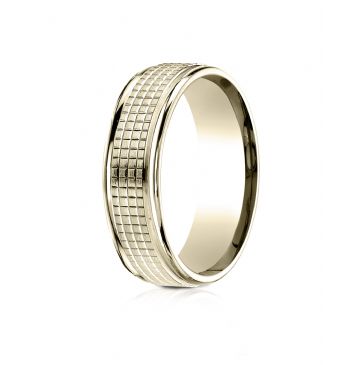 10 Karat Yellow Gold 7mm Comfort-Fit High Polish Round Edge Cross Hatch Center Design Band