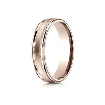 14k Rose Gold 4mm Comfort-Fit  Satin Finish Center with a round edge and milgrain Carved Design Band