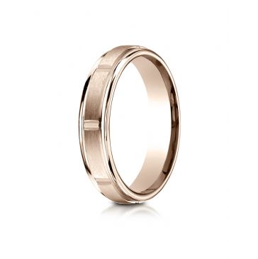 14k Rose Gold 4mm Comfort-Fit Satin-Finished 8 High Polished Center Cuts and Round Edge Carved Design Band