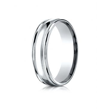 10k White Gold 6mm Comfort-Fit High Polished with Milgrain Round Edge Carved Design Band