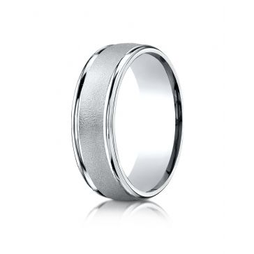 10k White Gold 7mm Comfort-Fit Wired-Finished High Polished Round Edge Carved Design Band