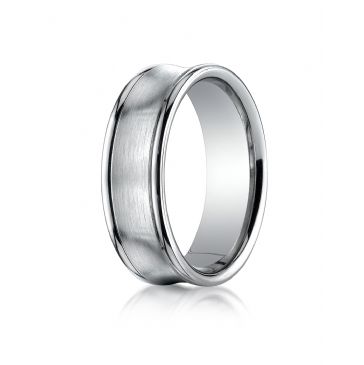 18k White Gold 7.5mm Comfort-Fit Satin-Finished Concave Round Edge Carved Design Band