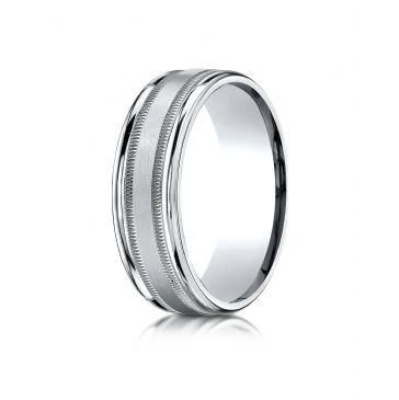 10k White Gold 7mm Comfort-Fit Satin Finish Center with Milgrain Round Edge Carved Design Band