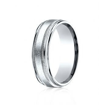 10k White Gold 7mm Comfort-Fit Swirl Finish Center Milgrain Round Edge Carved Design Band