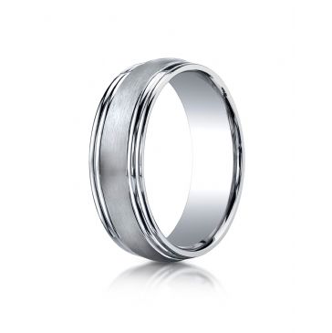 18k White Gold 7.5mm Comfort-Fit Satin-Finished Double Round Edge Carved Design Band