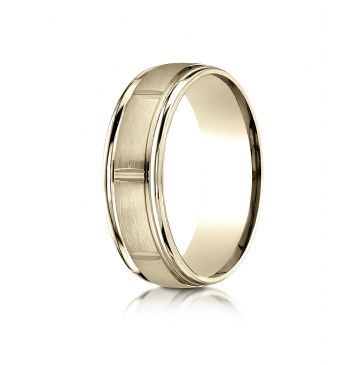 10k Yellow Gold 7mm Comfort-Fit Satin-Finished 8 High Polished Center Cuts and Round Edge Carved Design Band