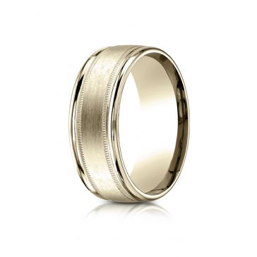 18k Yellow Gold 8mm Comfort-Fit Satin Finish Center with Milgrain Round Edge Carved Design Band