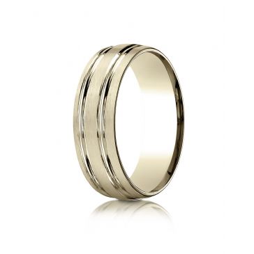 10k Yellow Gold 7mm Comfort-Fit Satin-Finished with Parallel Grooves Carved Design Band