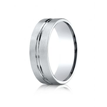 18k White Gold 7mm Comfort-Fit Satin-Finished with High Polished Center Cut Carved Design Band