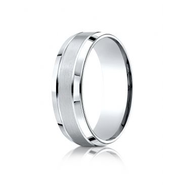 10k White Gold 7mm Comfort-Fit Satin-Finished High Polished Beveled Edge Carved Design Band