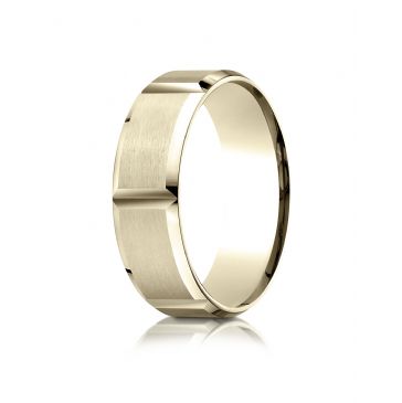 18k Yellow Gold 7mm Comfort-Fit Satin-Finished Grooves Carved Design Band