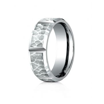 10 Karat White Gold 7mm Comfort-Fit Hammered Finish Grooved Carved Design Band